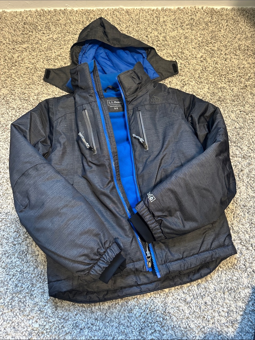 L.L. Bean Kids' Dark Gray Hooded Puffer with Bright Blue Lining